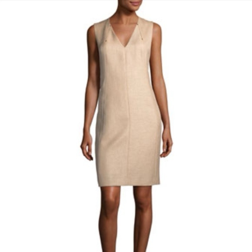 Talbots Sz S Metallic Gold Sheath V-Neck Sleevless Office Linen Blend Dress NWT